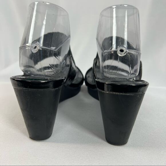 Chaps Rhoda black patent leather stretch slide on wedge open toe heel sandals 9 - Picture 3 of 7